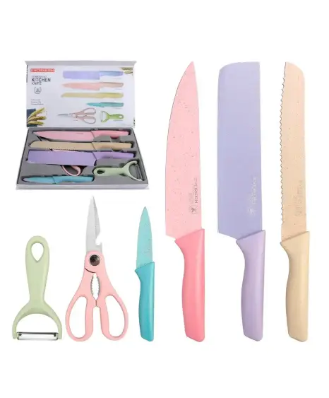 Conjunto De Facas Cozinha 6 Peças Coloridas Antiaderente INOX