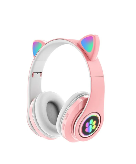 Fone Gatinho Bluetooth Infantil Rosa Com Relógio Led Unissex