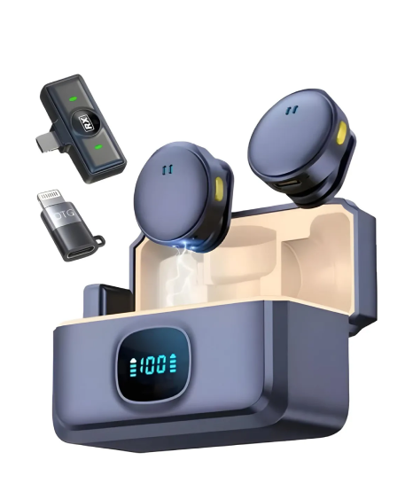 Microfone Duplo Lapela Sem Fio Android e IOS Type-c Preto