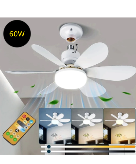 Ventilador de Teto 60W Lâmpada 3 Cores E27 Silencioso Bivolt 2 em 1 Com Controle Remoto
