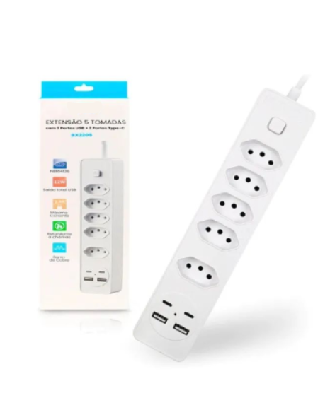 Filtro de Linha Régua de Tomadas 4 COM 2 USB 2 Tipo C 100-250V Atacado