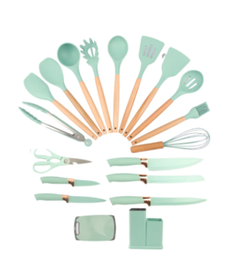 Kit 19 Utensílios De Cozinha Ke Home Cabo Madeira E Silicone Cor Verde Atacado