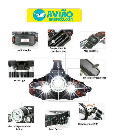 Lanterna Cabeça Triplo T6 Led Cree Profissional Swat Tatica