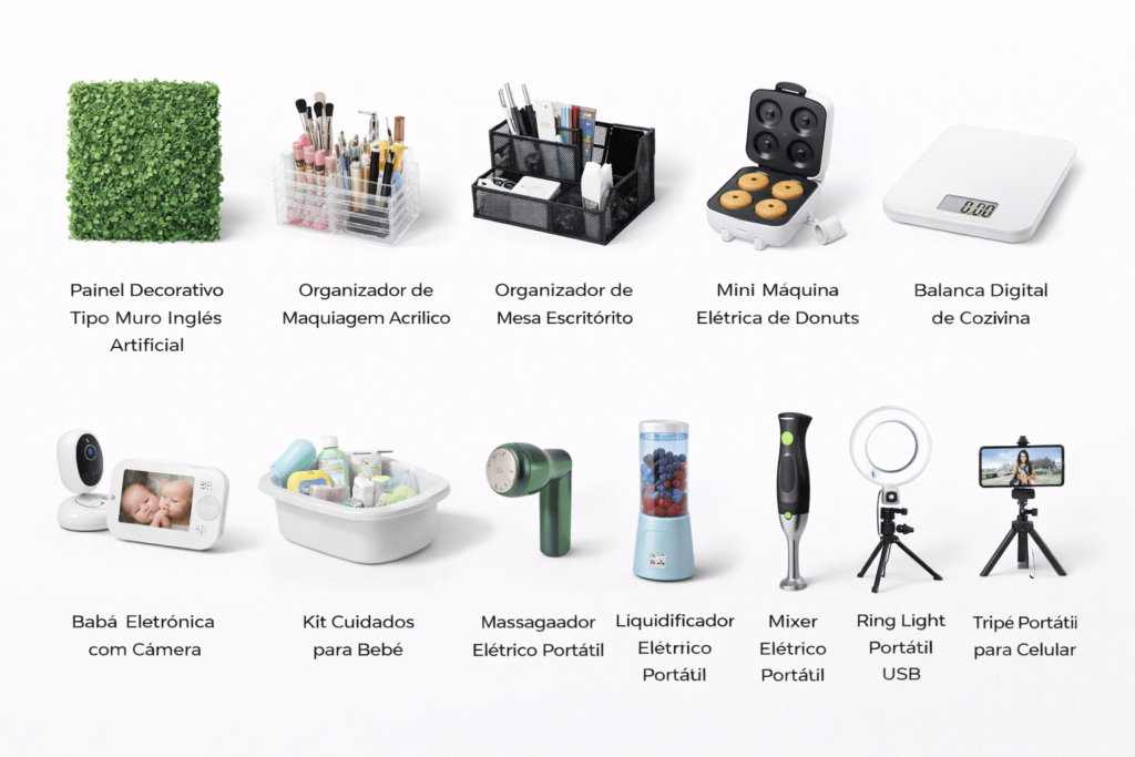 CASA, COZINHA, ORGANIZAÇÃO E FAMÍLIA Painel Decorativo Tipo Muro Inglês Artificial Organizador de Maquiagem Acrílico Organizador de Mesa para Escritório Mini Máquina Elétrica de Donuts Balança Digital de Cozinha Babá Eletrônica com Câmera Kit Cuidados para Bebê Massageador Elétrico Portátil Liquidificador Elétrico Portátil Mixer Elétrico Portátil Ring Light Portátil USB Tripé Portátil para Celular