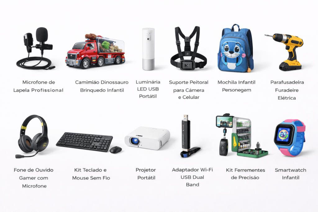 TECNOLOGIA, ELETRÔNICOS E BRINQUEDOS Microfone de Lapela Profissional Caminhão Dinossauro Brinquedo Infantil Luminária LED USB Portátil Suporte Peitoral para Câmera e Celular Mochila Infantil Personagem Parafusadeira Furadeira Elétrica Fone de Ouvido Gamer com Microfone Kit Teclado e Mouse Sem Fio Projetor Portátil Adaptador Wi-Fi USB Dual Band Kit Ferramentas de Precisão Smartwatch Infantil