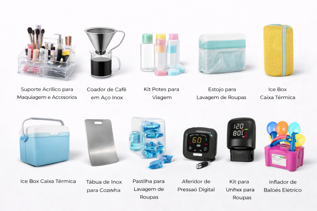 Suporte Acrílico para Maquiagem e Acessórios Coador de Café em Aço Inox Kit Potes para Viagem Kit Potes para Viagem Compacto Estojo para Lavagem de Roupas Ice Box Caixa Térmica Tábua de Inox para Cozinha Pastilha para Lavagem de Roupas Aferidor de Pressão Digital Inflador de Balões Elétrico