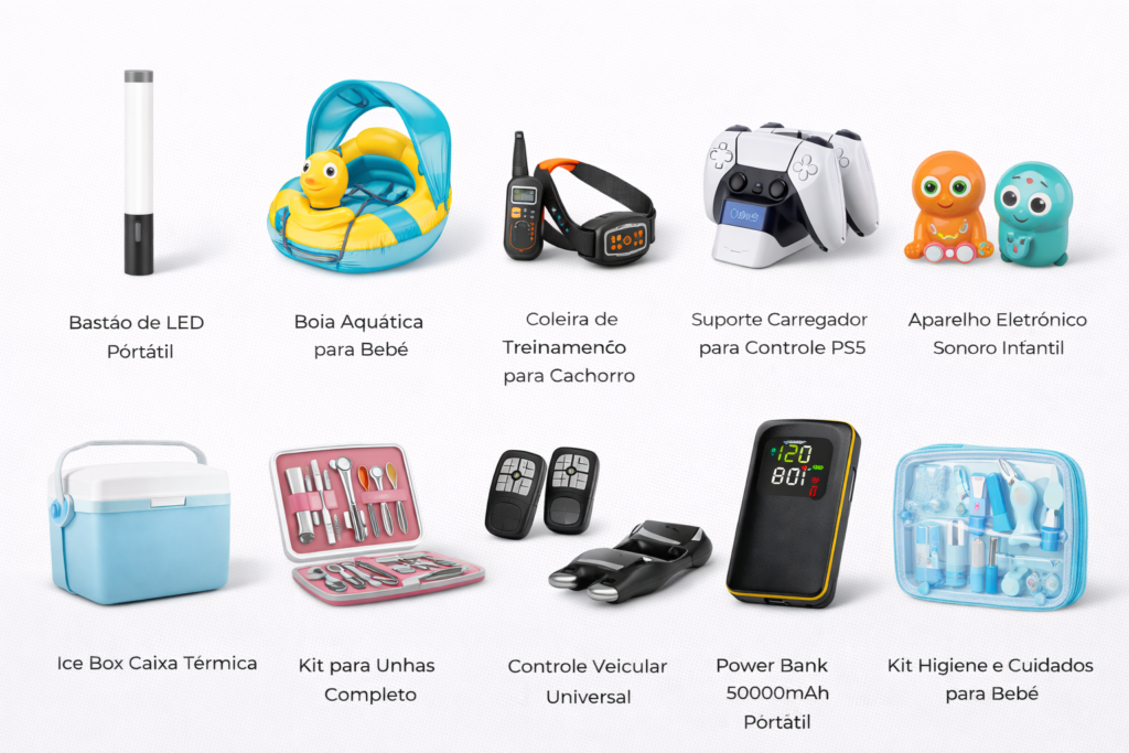 TECNOLOGIA, PETS, BEBÊS E ACESSÓRIOS Bastão de LED Portátil Boia Aquática para Bebê Coleira de Treinamento para Cachorro Suporte Carregador para Controle PS5 Aparelho Eletrônico Sonoro Infantil Binóculo Portátil Kit para Unhas Completo Controle Veicular Universal Power Bank 50000mAh Portátil Kit Higiene e Cuidados para Bebê