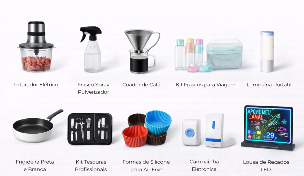 CASA, COZINHA, ORGANIZAÇÃO E USO DIÁRIO Triturador Elétrico Frasco Spray Pulverizador Coador de Café Kit Frascos para Viagem Luminária Portátil Frigideira Preta e Branca Kit Tesouras Profissionais Formas de Silicone para Air Fryer Campainha Eletrônica Lousa de Recados LED