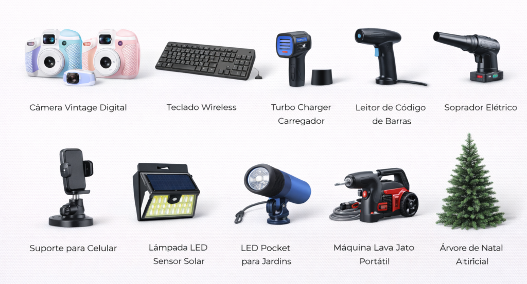 TECNOLOGIA, ILUMINAÇÃO, JARDIM E ACESSÓRIOS Câmera Vintage Digital Teclado Wireless Turbo Charger Carregador Leitor de Código de Barras Soprador Elétrico Suporte para Celular Lâmpada LED Sensor Solar LED Pocket para Jardins Máquina Lava Jato Portátil Árvore de Natal Artificial