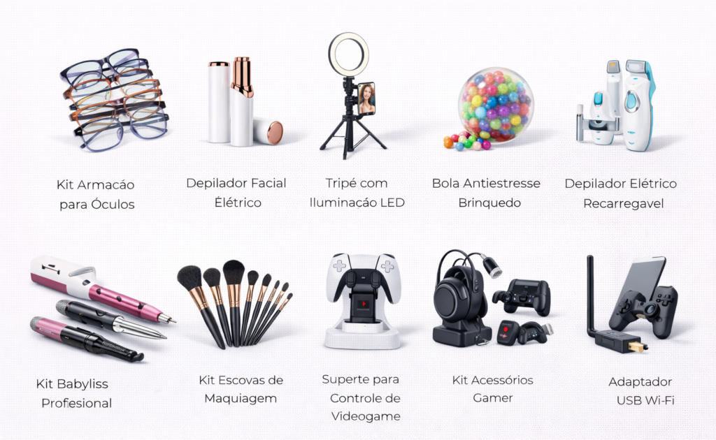 BELEZA, TECNOLOGIA, ACESSÓRIOS E GADGETS Kit Armação para Óculos Depilador Facial Elétrico Tripé com Iluminação LED Bola Antiestresse Brinquedo Depilador Elétrico Recarregável Kit Babyliss Profissional Kit Escovas de Maquiagem Suporte para Controle de Videogame Kit Acessórios Gamer Adaptador USB Wi-Fi