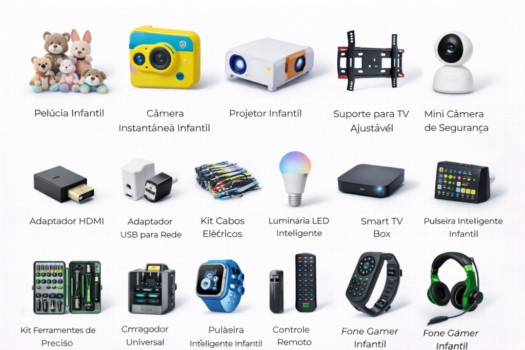 Pelúcia Infantil Câmera Instantânea Infantil Projetor Infantil Suporte para TV Ajustável Adaptador HDMI Adaptador USB para Rede Kit Cabos Elétricos Luminária LED Inteligente Mini Câmera de Segurança Smart TV Box Pulseira Inteligente Infantil Controle Remoto Universal Fone Gamer Infantil