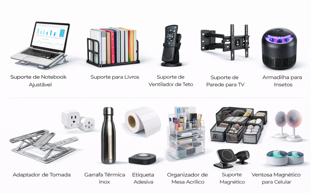 CASA, ORGANIZAÇÃO, UTILIDADES E USO DIÁRIO Suporte de Notebook Ajustável Suporte para Livros Suporte de Ventilador de Teto Suporte de Parede para TV Armadilha para Insetos Adaptador de Tomada Garrafa Térmica Inox Etiqueta Adesiva Organizador de Mesa Acrílico Kit Organizadores de Gaveta Suporte Magnético para Celular Ventosa de Fixação