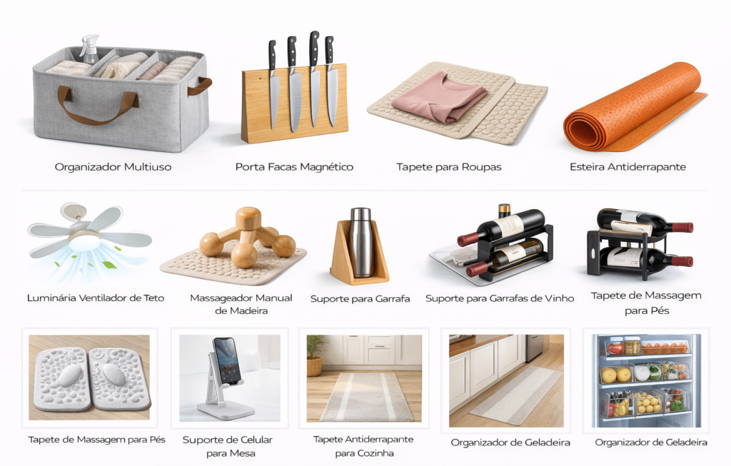 CASA, ORGANIZAÇÃO, COZINHA E USO DIÁRIO Organizador Multiuso Porta Facas Magnético Tapete para Roupas Esteira Antiderrapante Luminária Ventilador de Teto Massageador Manual de Madeira Suporte para Garrafa Suporte para Garrafas de Vinho Tapete de Massagem para Pés Suporte de Celular para Mesa Tapete Antiderrapante para Cozinha Organizador de Geladeira