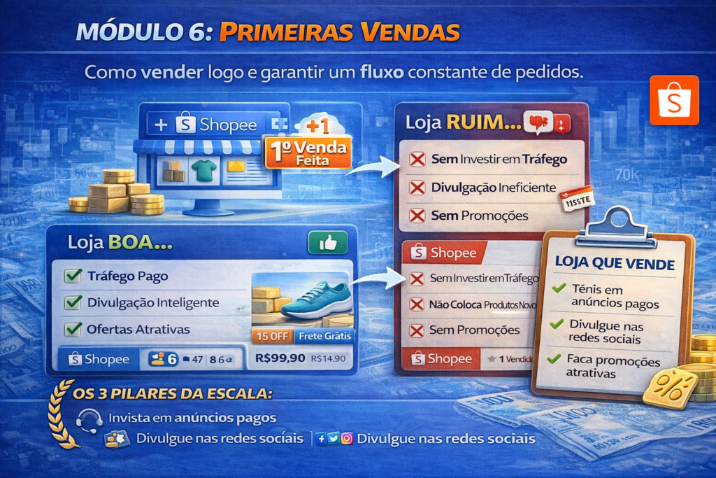 Como vender na Shopee passo a passo e ganhar dinheiro online Curso rapido para vender na Shopee do zero e faturar online Guia completo para vender na Shopee e ter renda extra na internet Aprenda a vender na Shopee mesmo sem experiencia em vendas online Mini curso Shopee para iniciantes vender mais e escalar resultados Mini curso express para aprender a vender na Shopee e lucrar online O que vender na Shopee e como comecar a ganhar dinheiro online Aprenda do zero como escolher produtos certos criar anuncios e vender todos os dias na shopee mesmo sem experiencia Metodo simples para comecar vender na shopee com baixo investimento e alta rotacao Passo a passo pratico para transformar a shopee em uma fonte de renda online Estrategia validada para iniciantes venderem na shopee e escalar resultados