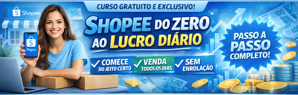 Como vender na Shopee passo a passo e ganhar dinheiro online Curso rapido para vender na Shopee do zero e faturar online Guia completo para vender na Shopee e ter renda extra na internet Aprenda a vender na Shopee mesmo sem experiencia em vendas online Mini curso Shopee para iniciantes vender mais e escalar resultados Mini curso express para aprender a vender na Shopee e lucrar online O que vender na Shopee e como comecar a ganhar dinheiro online Aprenda do zero como escolher produtos certos criar anuncios e vender todos os dias na shopee mesmo sem experiencia Metodo simples para comecar vender na shopee com baixo investimento e alta rotacao Passo a passo pratico para transformar a shopee em uma fonte de renda online Estrategia validada para iniciantes venderem na shopee e escalar resultados