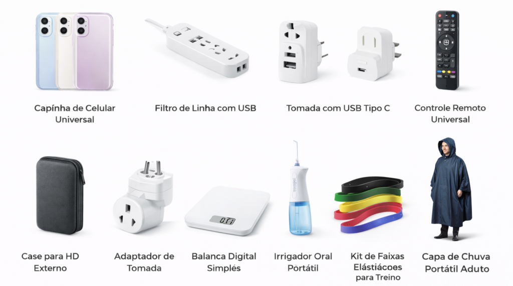 Fone de Ouvido Bluetooth Sem Fio, Smartwatch Fitness Monitor Cardíaco, Pulseira Smartband Fitness, Capinha para Celular Universal, Carregador Turbo Tipo C, Cabo USB Tipo C Reforçado, Power Bank Portátil, Caixa de Som Bluetooth Portátil, Projetor Portátil 4K, Controle para Videogame, Mouse Gamer RGB, Teclado Mecânico Gamer, Headset Gamer com Microfone, Webcam Full HD USB, Hub USB 3.0, Adaptador USB para Ethernet, Carregador Sem Fio Indução, Luminária LED USB, Suporte para Celular Ajustável, Tripé para Celular e Câmera, Air Fryer Fritadeira Elétrica, Liquidificador Portátil, Mixer Elétrico Portátil, Cafeteira Elétrica, Chaleira Elétrica Inox, Aspirador de Pó Portátil, Cozedor de Ovos Elétrico, Panela Elétrica Multiuso, Jogo de Panelas Antiaderente, Forno Elétrico Portátil, Balança de Cozinha Digital, Processador de Alimentos Portátil, Umidificador de Ar Ultrassônico, Purificador de Água Doméstico, Torradeira Elétrica, Tênis Esportivo Masculino, Tênis Esportivo Feminino, Camiseta Básica Algodão, Blusa Feminina Casual, Conjunto Fitness Feminino, Legging Fitness, Meias Confortáveis, Óculos de Sol Masculino, Relógio de Pulso Masculino, Relógio Feminino Casual, Bolsa Feminina para Viagem, Mochila Escolar Reforçada, Carteira Masculina Slim, Chinelo Slide Confortável, Escova Alisadora Elétrica, Secador de Cabelo Profissional, Aparador de Pelos Elétrico, Barbeador Elétrico Recarregável, Massageador Portátil Corporal, Irrigador Oral Elétrico, Escova de Dente Elétrica, Kit Skincare Facial, Sérum Facial Vitamina C, Creme Anti Idade Facial, Faixa Elástica para Exercício, Kit Treino Funcional, Colchonete para Exercícios, Tapete de Yoga Antiderrapante, Corda de Pular Fitness, Garrafa Térmica Inox, Relógio Esportivo GPS, Organizador de Armário Dobrável, Organizador de Gavetas, Saco Organizador de Roupas, Prateleira Organizadora, Luminária Decorativa LED, Almofada Decorativa, Espelho Decorativo, Velas Aromáticas, Jogo de Lençol Casal, Brinquedo para Cachorro, Cama para Pet, Comedouro Automático Pet, Coleira para Cachorro, Tapete Higiênico Pet, Arranhador para Gatos, Furadeira Elétrica Portátil, Parafusadeira Sem Fio, Lanterna LED Recarregável, Alicate Multifuncional, Multímetro Digital, Filtro de Linha com USB, Controle Remoto Universal TV, Adaptador de Tomada Universal, Case para HD Externo, Bolsa de Viagem Grande, Capa de Chuva Impermeável, Guarda Chuva Resistente,