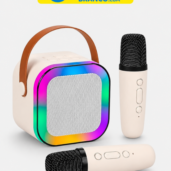 Caixa de Som Karaokê Com Dois Microfones Sem Fio RGB Portátil USB Com Conexão Bluetooth Efeitos de Voz Divertidos | Iluminação LED Multicolor Som Potente |
