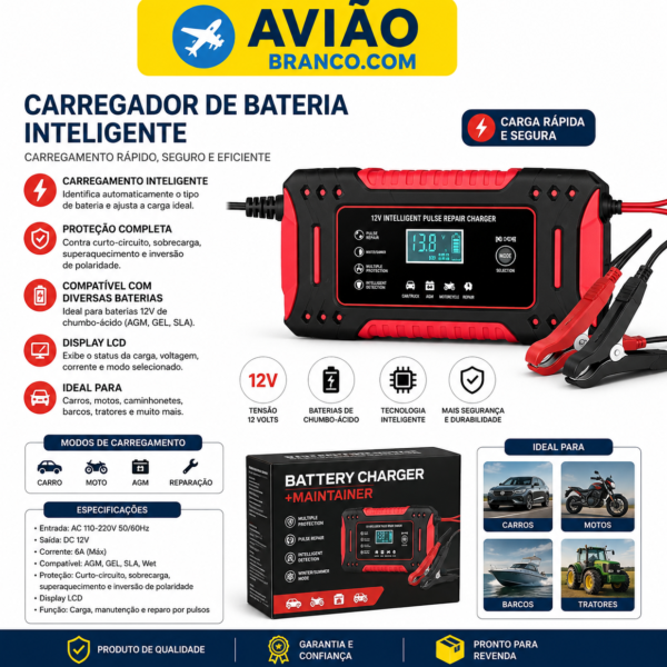Carregador de Bateria Inteligente 12V – Charger Maintainer Automotivo com Display LCD e Proteção Inteligente