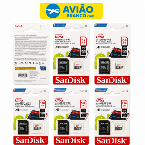 Cartão de Memória SanDisk Micro SD, 32 Gb, 64Gb, 128Gb