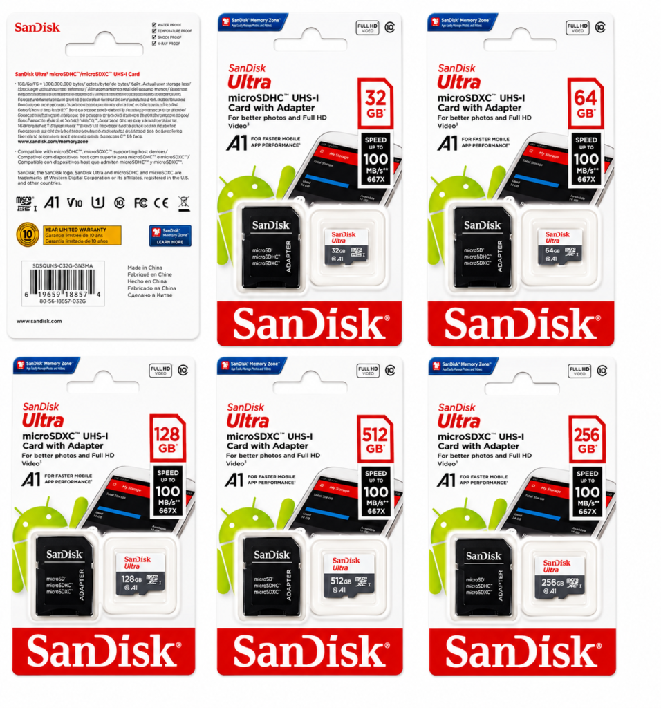 Cartão de Memória SanDisk Micro SD, 32 Gb, 64Gb, 128Gb Fornecedor Atacado Caixa Fechada