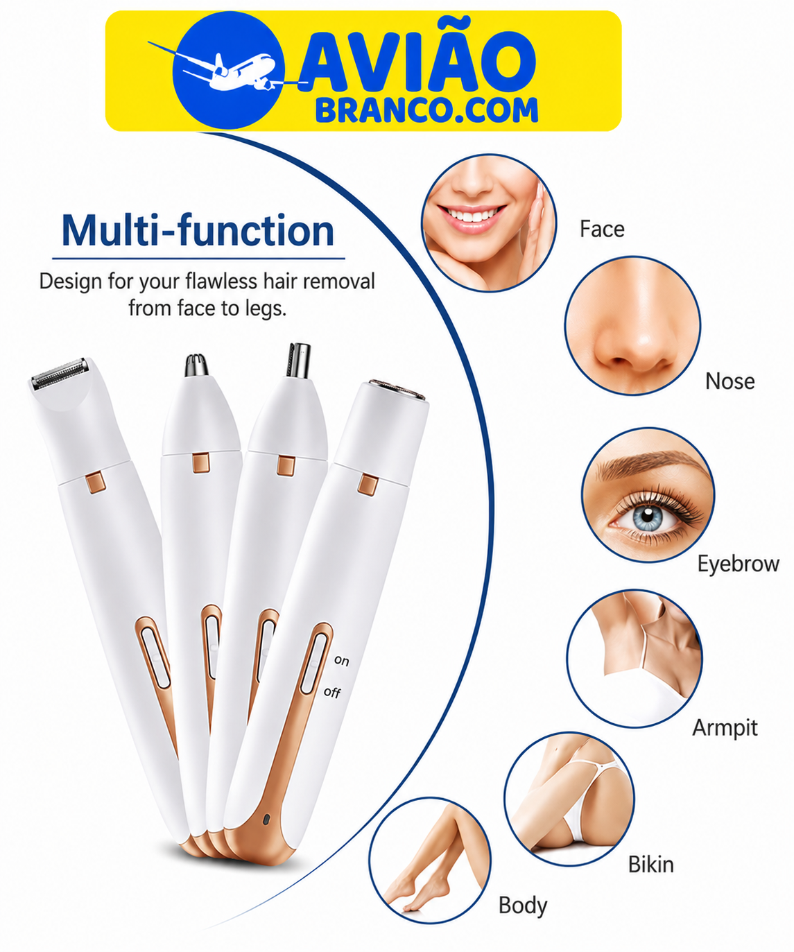 Depilador Elétrico Feminino Multifuncional Portátil 4 em 1 – Aparador de Pelos Facial e Corporal para Revenda no Atacado