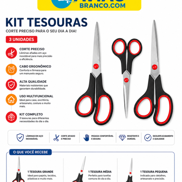 Kit Tesouras Multiuso 3 Peças – Tesouras em Aço Inoxidável com Corte Preciso e Cabo Anatômico