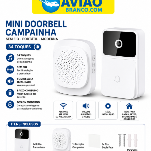 Mini Doorbell Campainha Sem Fio – Campainha Wireless Portátil com 34 Toques e Fácil Instalação