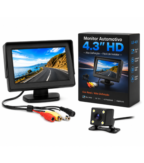 Monitor Automotivo 4.3” HD com Câmera de Ré Tela LCD Alta Definição Atacado Caixa Fechada