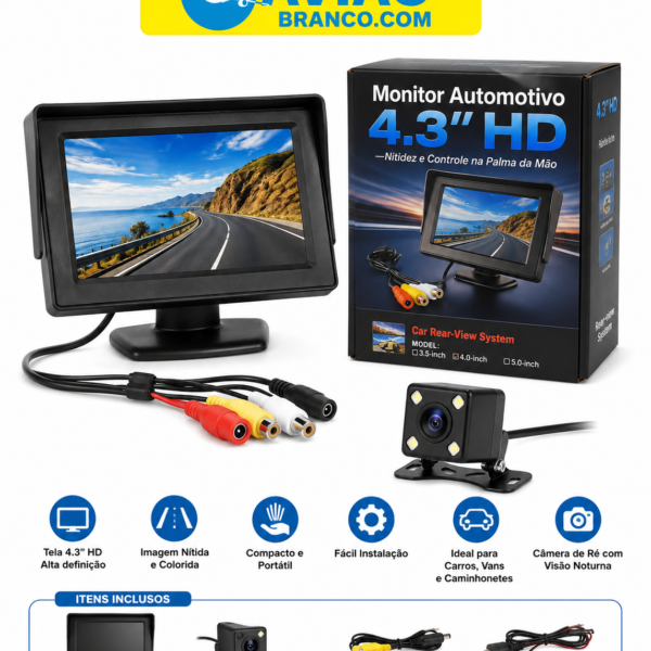 Monitor Automotivo 4.3” HD com Câmera de Ré – Tela LCD Alta Definição para Carros, Vans e Caminhonetes