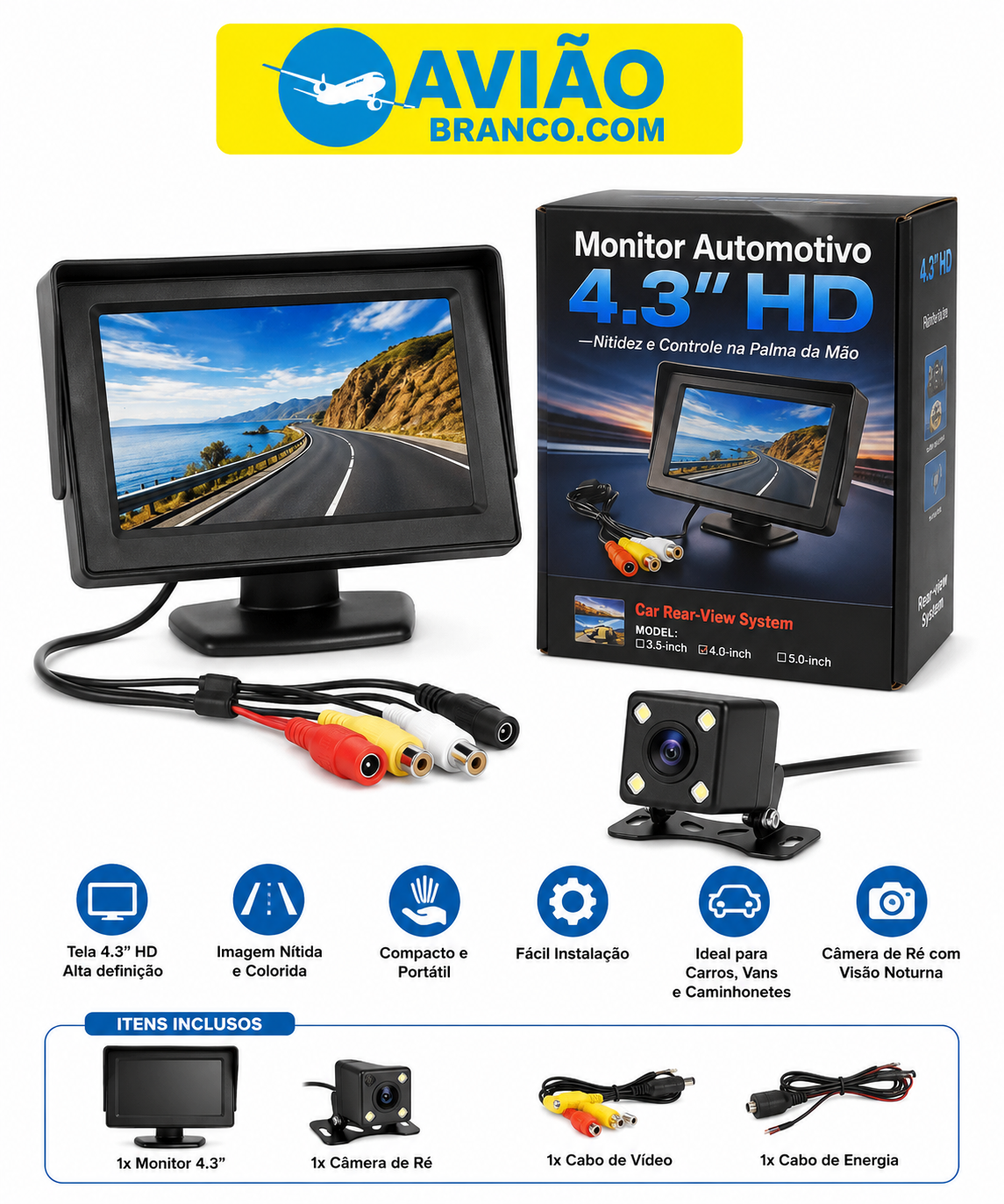 Monitor Automotivo 4.3” HD com Câmera de Ré – Tela LCD Alta Definição para Carros, Vans e Caminhonetes