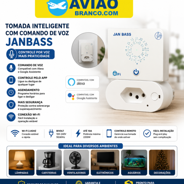 Tomada Inteligente Wi-Fi com Comando de Voz JANBASS – Compatível com Alexa e Google Assistente