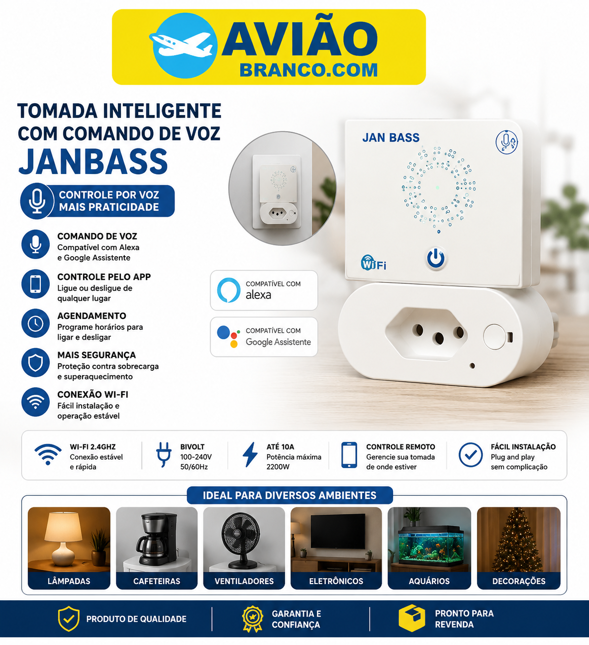 Tomada Inteligente Wi-Fi com Comando de Voz JANBASS – Compatível com Alexa e Google Assistente