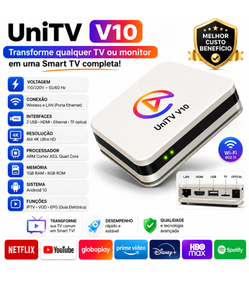 UniTV V10 Smart TV Box Android 4K Transforme sua TV ou Monitor em Smart TV Atacado