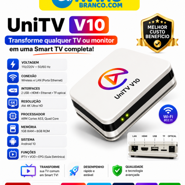 UniTV V10 Smart TV Box Android 4K Wi-Fi IPTV – Transforme sua TV ou Monitor em Smart TV Completa Atacado