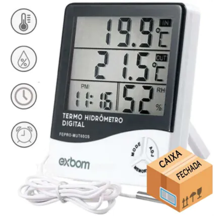 CAIXA FECHADA 50 Unidades Termometro Medidor de Umidade e Temperatura Com Sensor Externo EXBOM - FEPRO-MUT60OS Fornecedor Atacado Caixa Fechada