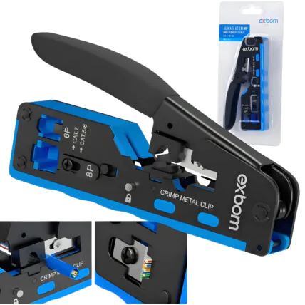 Alicate de Crimpagem CAT7 EZ Crimpagem de Cabo RJ45 / RJ11/12 EXBOM - FRM-ACN702 Fornecedor Atacado Caixa Fechada