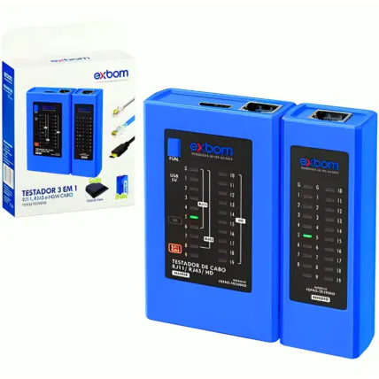 Testador de Cabos Exbom 3 em 1 RJ45 RJ11 HDMI com LED Fornecedor Atacado Caixa Fechada