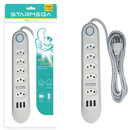 Filtro de Linha 5 Tomadas e 3 USB Com Interruptor ST-871 Fornecedor Atacado Caixa Fechada