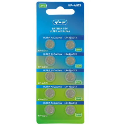 Bateria Alcalina 1.5V LR44/AG13 Cartela com 10 Unidades KNUP - KP-AG13 Fornecedor Atacado Caixa Fechada