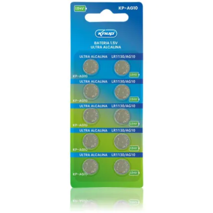 Bateria Alcalina 1.5V LR1130/AG10 Cartela com 10 unidades KNUP - KP-AG10 Fornecedor Atacado Caixa Fechada