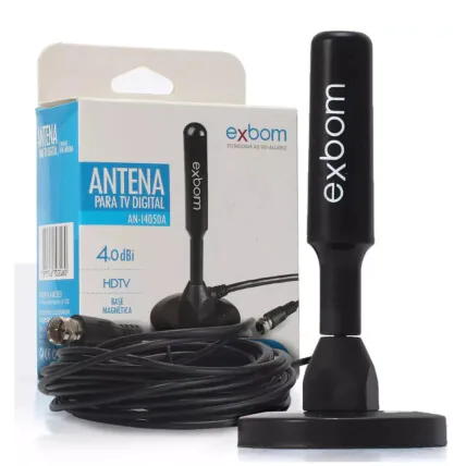 Antena Digital HDTV UHF VHF Interna e Externa Base Imã Prova D'água Exbom - AN-I4050A Fornecedor Atacado Caixa Fechada