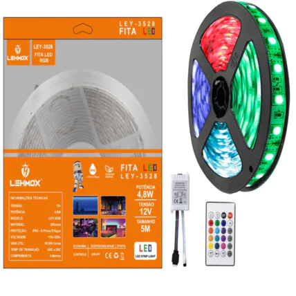 Fita De Led Rgb 3528 Com Controle s/ Fonte LEHMOX - LEY-3528 Fornecedor Atacado Caixa Fechada