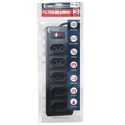 Extensão Filtro de Linha 5 Tomadas C3Tech Bivolt 10A - FL-52BK Fornecedor Atacado Caixa Fechada