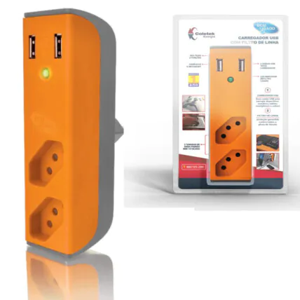 Filtro de Linha com Carregador USB 2,1A Bem Ligado - LARANJA Fornecedor Atacado Caixa Fechada