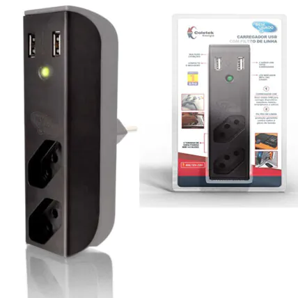 Filtro de Linha com Carregador USB C3TECH USB 2,1A + Filtro Bem Ligado Preto - FL-USB21GBK Fornecedor Atacado Caixa Fechada