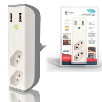 Filtro de Linha com Carregador USB C3TECH USB 2,1A + Filtro Bem Ligado Branco - FL-USB21GWH Fornecedor Atacado Caixa Fechada