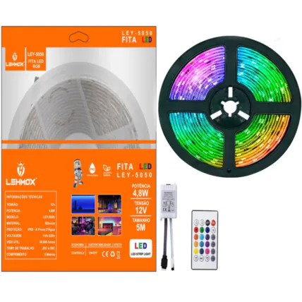 Fita de LED RGB 5050 5 Metros com Controle s/ Fonte - LEY-5050 Fornecedor Atacado Caixa Fechada