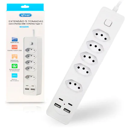 Filtro de Linha Extensão 5 Tomadas 2 Usb 2 Usb Tipo C Bivolt KNUP - BX2205 Fornecedor Atacado Caixa Fechada