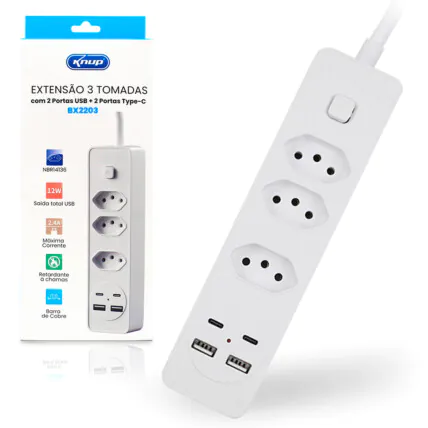 Filtro de Linha Extensão 3 Tomadas 2 Usb 2 Usb Tipo C Bivolt KNUP - BX2203 Fornecedor Atacado Caixa Fechada