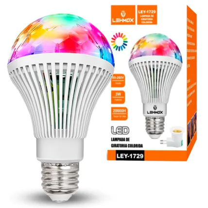 Lâmpada de Led Colorida Giratória para Festas Bivolt 3W LEHMOX - LEY-1729 Fornecedor Atacado Caixa Fechada